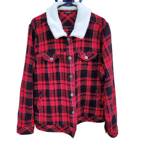 Torrid Red Plaid Trucker Jacket Sherpa Collar size 2X or 3X? - Picture 1 of 13